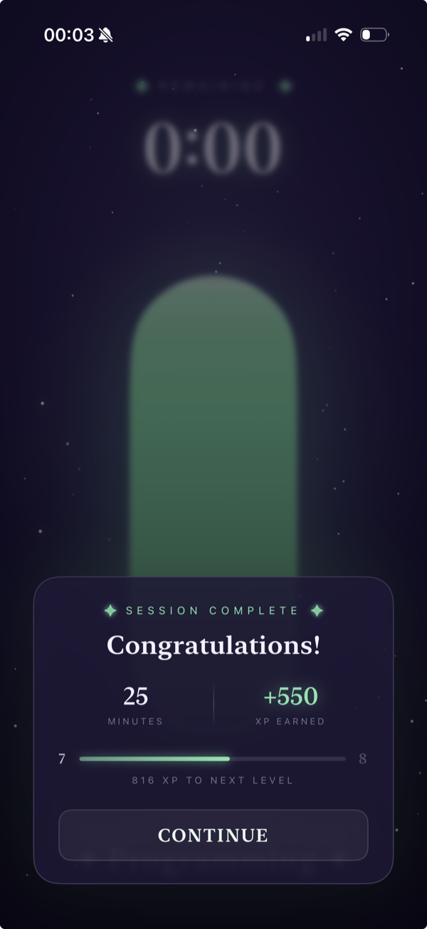 Levely session complete screen: Congratulations, 25 minutes, +550 XP earned