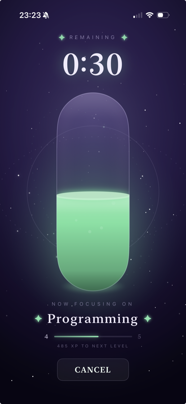 A running Levely session: 0:30 remaining above a filling potion vial